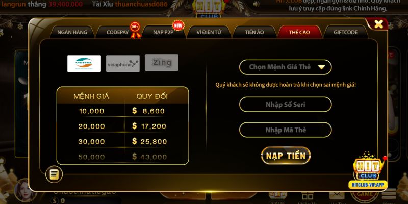 Nạp tiền Hitclub bằng Thẻ cào