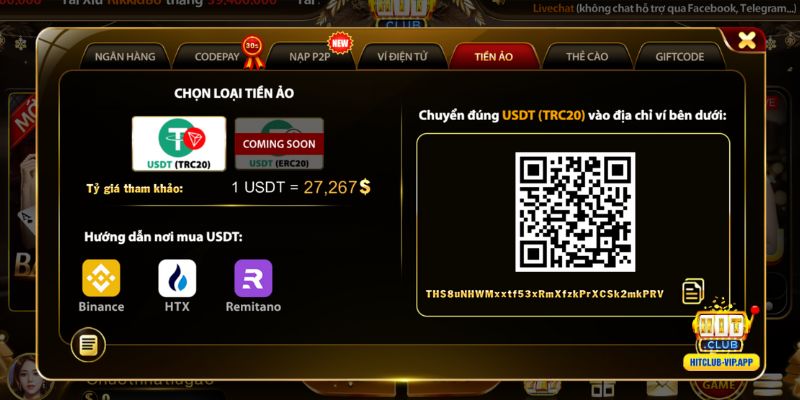 Nạp tiền Hitclub bằng USDT TRC20