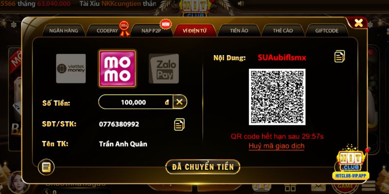 Nạp tiền Hitclub qua Ví điện tử