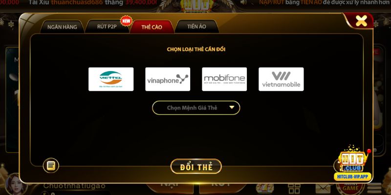 Rút tiền Hitclub bằng thẻ cào